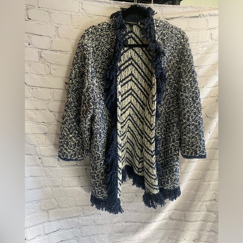 Lane Bryant Women’s Chunky Knit Open Front Cardigan Navy Off White Size 22/24 - Picture 2 of 10